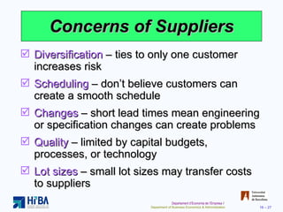 Concerns of Suppliers Diversification  – ties to only one customer increases risk Scheduling  – don’t believe customers can create a smooth schedule Changes  – short lead times mean engineering or specification changes can create problems Quality  – limited by capital budgets, processes, or technology Lot sizes  – small lot sizes may transfer costs to suppliers 