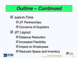 Outline – Continued Just-in-Time JIT Partnerships Concerns of Suppliers JIT Layout Distance Reduction Increased Flexibility Impact on Employees Reduced Space and Inventory 