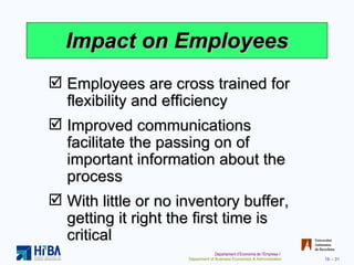Impact on Employees Employees are cross trained for flexibility and efficiency Improved communications facilitate the passing on of important information about the process With little or no inventory buffer, getting it right the first time is critical 