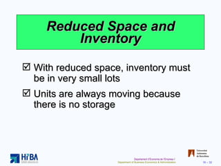 Reduced Space and Inventory With reduced space, inventory must be in very small lots Units are always moving because there is no storage 