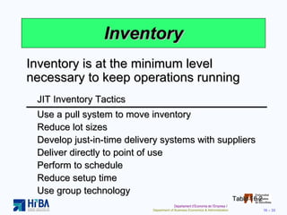 Inventory Inventory is at the minimum level necessary to keep operations running Table 16.2 JIT Inventory Tactics Use a pull system to move inventory Reduce lot sizes Develop just-in-time delivery systems with suppliers Deliver directly to point of use Perform to schedule Reduce setup time Use group technology 