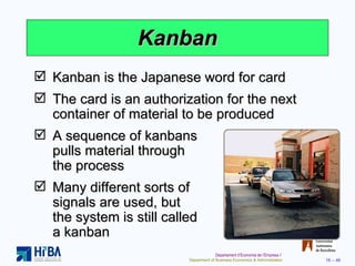 Kanban Kanban is the Japanese word for card The card is an authorization for the next container of material to be produced A sequence of kanbans  pulls material through  the process Many different sorts of  signals are used, but  the system is still called  a kanban 