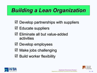 Building a Lean Organization Develop partnerships with suppliers Educate suppliers Eliminate all but value-added activities Develop employees Make jobs challenging Build worker flexibility 