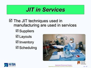 JIT in Services The JIT techniques used in manufacturing are used in services Suppliers Layouts Inventory Scheduling 