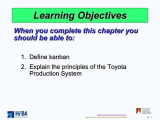 Learning Objectives When you complete this chapter you should be able to: Define kanban Explain the principles of the Toyota Production System 