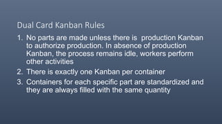 Dual Card Kanban Rules
1. No parts are made unless there is production Kanban
to authorize production. In absence of production
Kanban, the process remains idle, workers perform
other activities
2. There is exactly one Kanban per container
3. Containers for each specific part are standardized and
they are always filled with the same quantity
 
