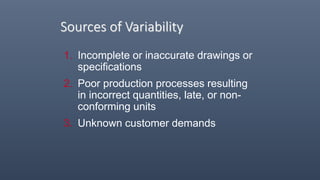 Sources of Variability
1. Incomplete or inaccurate drawings or
specifications
2. Poor production processes resulting
in incorrect quantities, late, or non-
conforming units
3. Unknown customer demands
 
