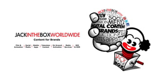 Jack In The Box Worldwide 
COMMUNICATIONS & ENGAGING CONTENT for the ALWAYS-ON Ecosystem 
A Part of the The 120 Media Collective  