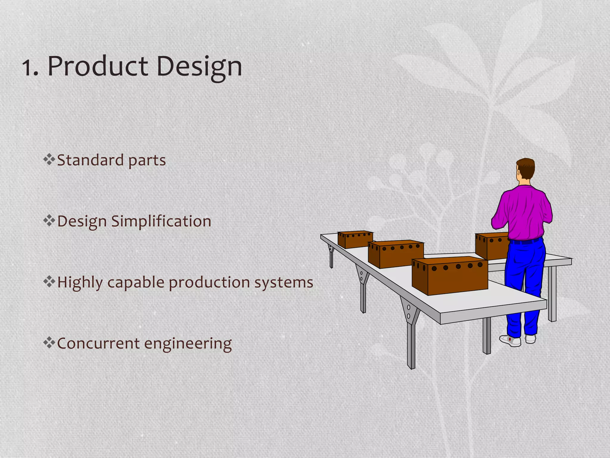 1. Product Design 
Standard parts 
Design Simplification 
Highly capable production systems 
Concurrent engineering 
 
