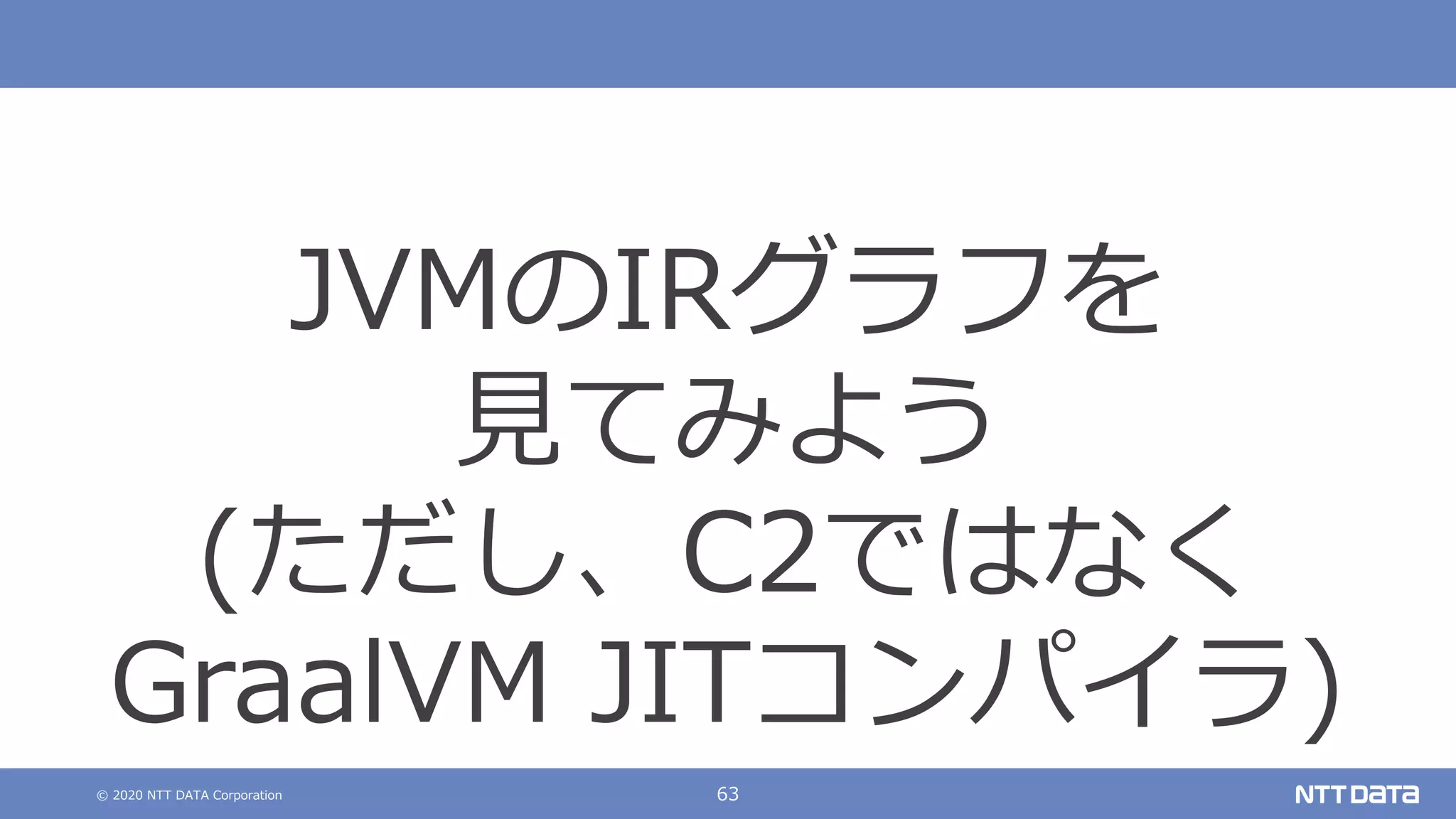© 2020 NTT DATA Corporation 63
JVMのIRグラフを
⾒てみよう
(ただし、C2ではなく
GraalVM JITコンパイラ)
 