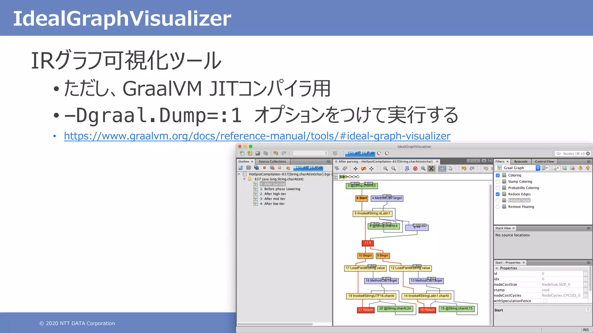 © 2020 NTT DATA Corporation 64
IdealGraphVisualizer
IRグラフ可視化ツール
• ただし、GraalVM JITコンパイラ⽤
• -Dgraal.Dump=:1 オプションをつけて実⾏する
• https://www.graalvm.org/docs/reference-manual/tools/#ideal-graph-visualizer
 