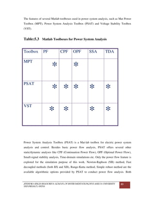 JITENDRA SINGH BHADORIYA-SCHOOL OF INSTRUMENTATION,DEVI AHILYA UNIVERSITY
INDORE(M.P.) INDIA
89
The features of several Matlab toolboxes used in power system analysis, such as Mat Power
Toolbox (MPT), Power System Analysis Toolbox (PSAT) and Voltage Stability Toolbox
(VST).
Table:5.3 Matlab Toolboxes for Power System Analysis
Toolbox PF CPF OPF SSA TDA
MPT
* *
PSAT
* * * * *
VST
* * * *
Power System Analysis Toolbox (PSAT) is a Mat-lab toolbox for electric power system
analysis and control. Besides basic power flow analysis, PSAT offers several other
static/dynamic analyses like CPF (Continuation Power Flow), OPF (Optimal Power Flow),
Small-signal stability analysis, Time-domain simulations etc. Only the power flow feature is
explored for the simulation purpose of this work. Newton-Raphson (NR) method, Fast
decoupled methods (both BX and XB), Runge-Kutta method, Simple robust method are the
available algorithmic options provided by PSAT to conduct power flow analysis. Both
 