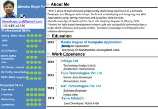 Jitendra Singh Pal
Professional Skills
Spring , Batch ,Boot
JUnit
JAVA
CICD Pipeline
Java
Hp Fortify, SonarQube
GIT, Maven, Jenkins
REST, SOAP, AngularJS
Personal Skills
Team Work
Networking
Creativity
Leadership
About Me
-With 6 years of diversified and progressively challenging experience as a Software
Developer and Designer with Infosys. Proficient in developing and designing Java Web
Applications using, Spring, Hibernate and Soap/Rest Web Services.
-Good knowledge of JavaScript for client side scripting, Angular JS, JQuery, JSON.
-Worked on Agile based development release cycle and successfully delivered projects
under strict schedules and quality control. Complete knowledge on CICD pipeline for
software development.
Education
2013 Master Degree of Computer Application
(MCA)Computer Application
University Of Maharashtra, Aurangabad, India
Work Experience
Infosys Ltd
Technology Analyst (Java)
Amsterdam, Netherlands
2014
Tops Technologies Pvt Ltd.
Senior Java Developer
Ahmedabad, India
2013
4QT Technologies Pvt. Ltd.
Software Engineer
Noida India
2013
Jitendrapal.pal@gmail.com
+31 649144620
Xeme Infotech.2012
Java Developer, Noida India
Storm ,Kafka
Framework
 
