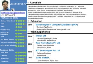 Jitendra Singh Pal
Professional Skills
Spring , Batch ,Boot
JUnit
JAVA
CICD Pipeline
Java
Hp Fortify, SonarQube
GIT, Maven, Jenkins
REST, SOAP, AngularJS
Personal Skills
Team Work
Networking
Creativity
Leadership
About Me
-With 6 years of diversified and progressively challenging experience as a Software
Developer and Designer with Infosys. Proficient in developing and designing Java Web
Applications using, Spring, Hibernate and Soap/Rest Web Services.
-Good knowledge of JavaScript for client side scripting, Angular JS, JQuery, JSON.
-Worked on Agile based development release cycle and successfully delivered projects
under strict schedules and quality control. Complete knowledge on CICD pipeline for
software development.
Education
2013 Master Degree of Computer Application (MCA)
Computer Application
University Of Maharashtra, Aurangabad, India
Work Experience
Infosys Ltd
Technology Analyst (Java)
Amsterdam, Netherlands
2014
Tops Technologies Pvt Ltd.
Senior Java Developer
Ahmedabad, India
2013
4QT Technologies Pvt. Ltd.
Software Engineer
Noida India
2013
Jitendrapal.pal@gmail.com
+31 649144620
Xeme Infotech.2012
Java Developer, Noida India
Storm ,Kafka
Framework
 