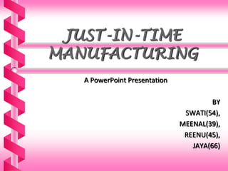 JUST-IN-TIME
MANUFACTURING
A PowerPoint Presentation

BY
SWATI(54),
MEENAL(39),
REENU(45),
JAYA(66)

 