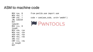 from pwnlib.asm import asm
code = asm(asm_code, arch='amd64')
ASM to machine code
MOV rax, 0
MOV rbx, 1
CMP rdi, 1
JNL lab...