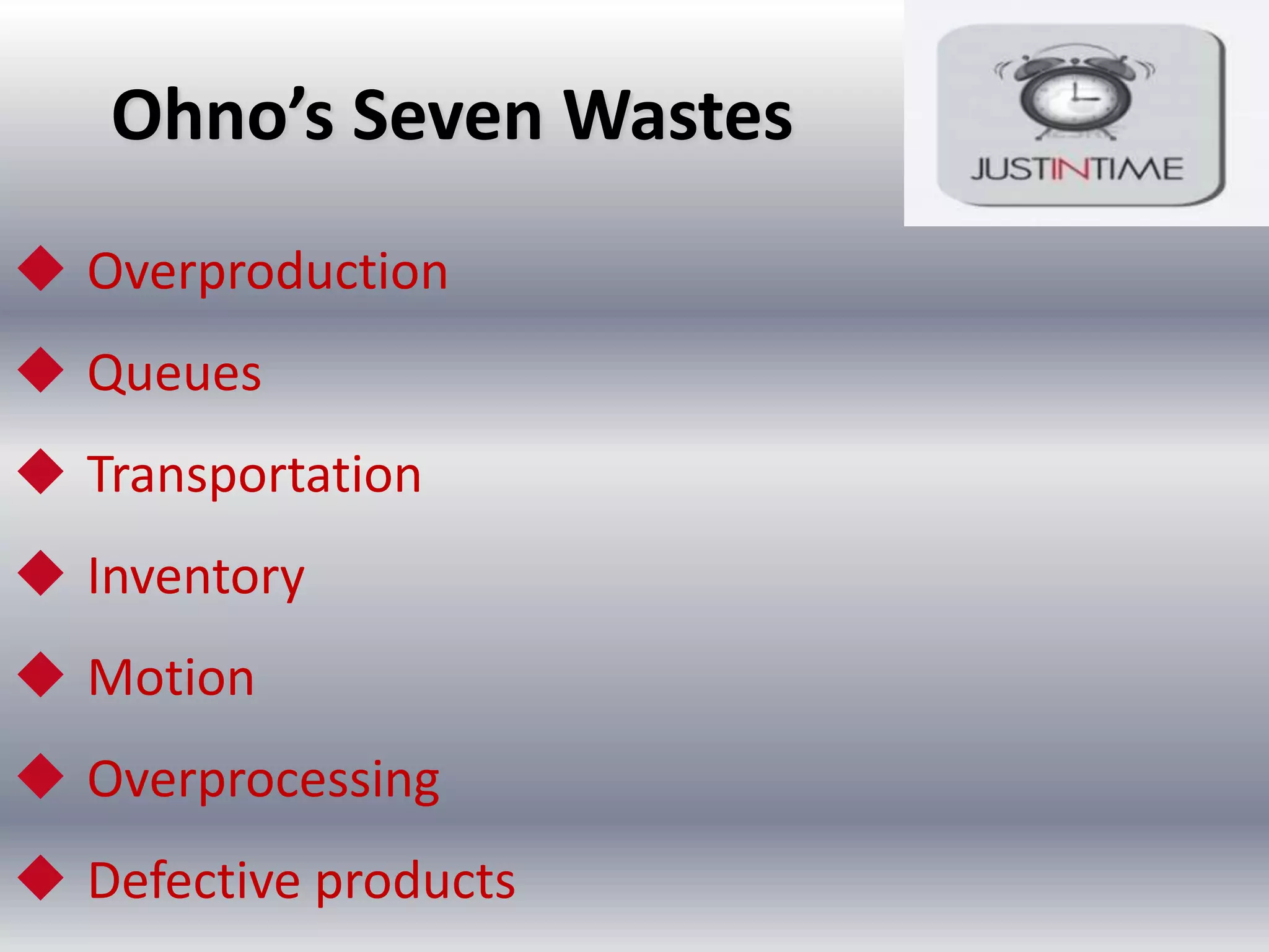 Ohno’s Seven Wastes
 Overproduction
 Queues
 Transportation
 Inventory
 Motion
 Overprocessing
 Defective products

 