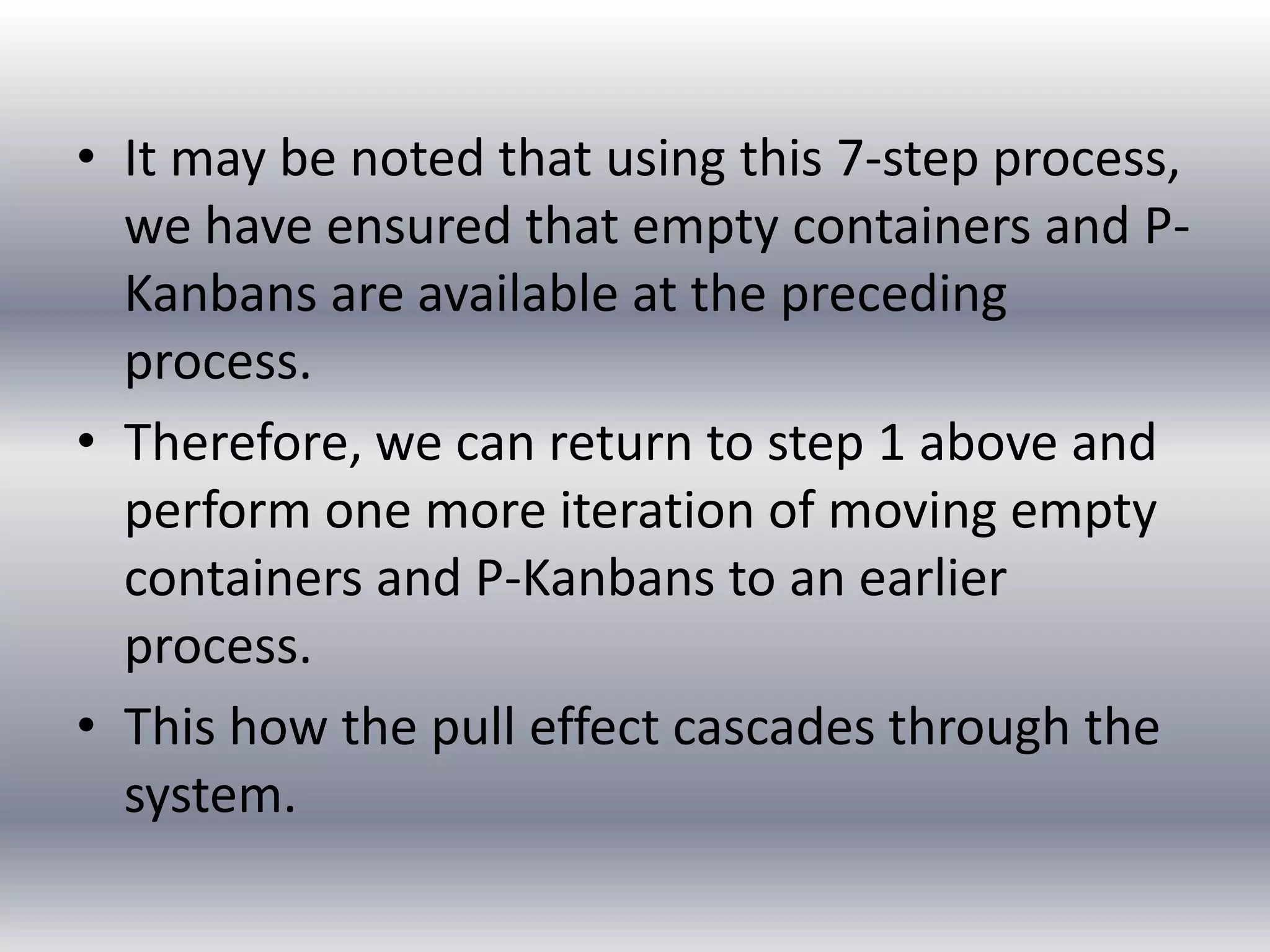 • It may be noted that using this 7-step process,
we have ensured that empty containers and PKanbans are available at the preceding
process.
• Therefore, we can return to step 1 above and
perform one more iteration of moving empty
containers and P-Kanbans to an earlier
process.
• This how the pull effect cascades through the
system.

 