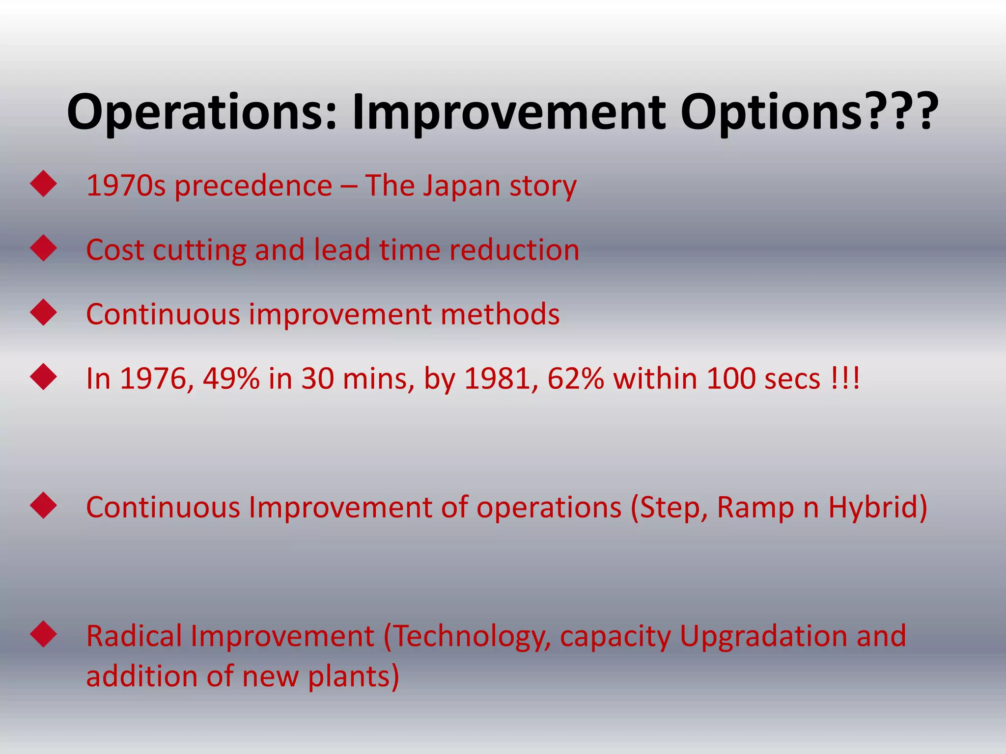 Operations: Improvement Options???
 1970s precedence – The Japan story

 Cost cutting and lead time reduction
 Continuous improvement methods
 In 1976, 49% in 30 mins, by 1981, 62% within 100 secs !!!

 Continuous Improvement of operations (Step, Ramp n Hybrid)

 Radical Improvement (Technology, capacity Upgradation and
addition of new plants)

 