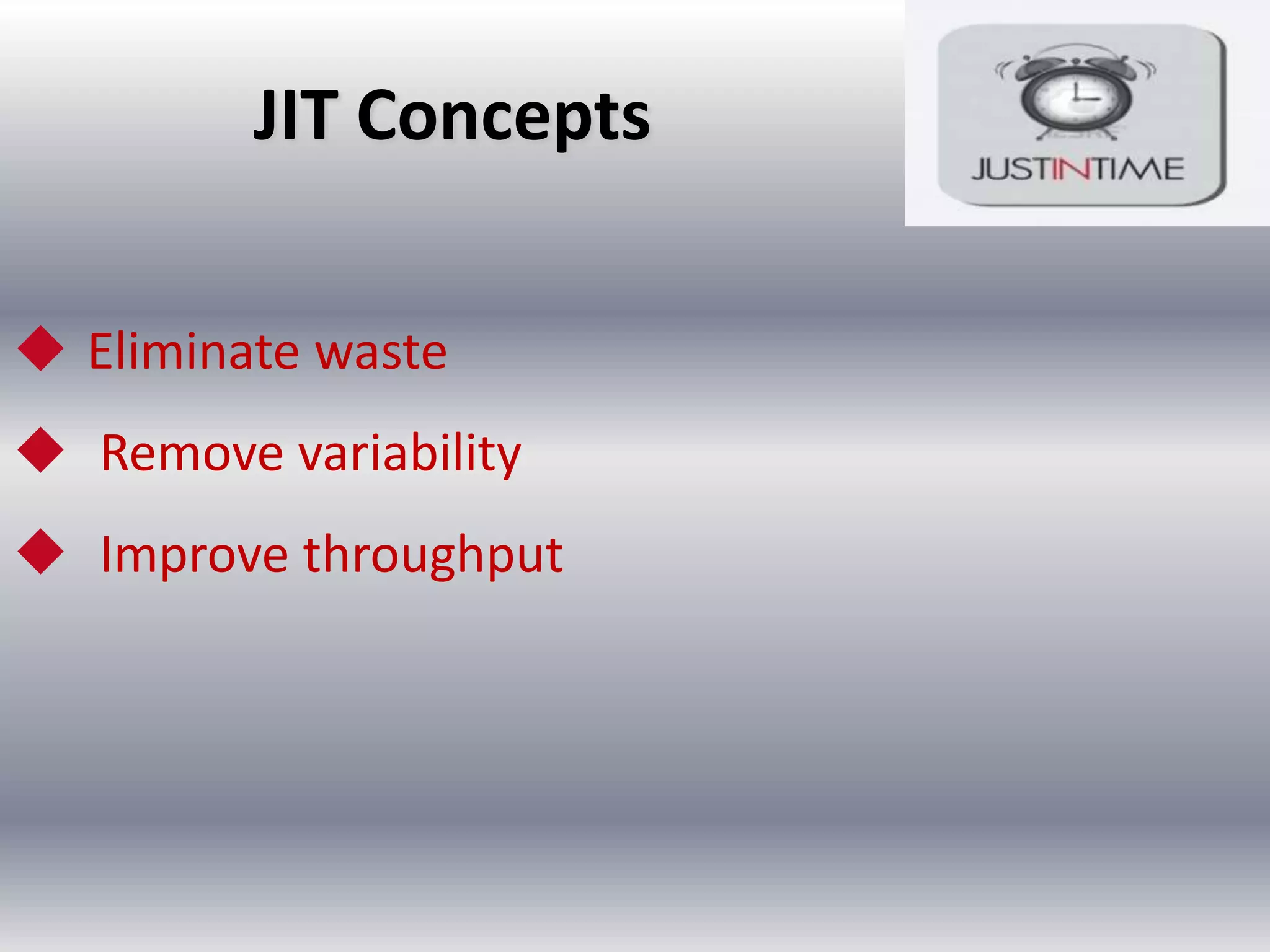 JIT Concepts
 Eliminate waste
 Remove variability

 Improve throughput

 
