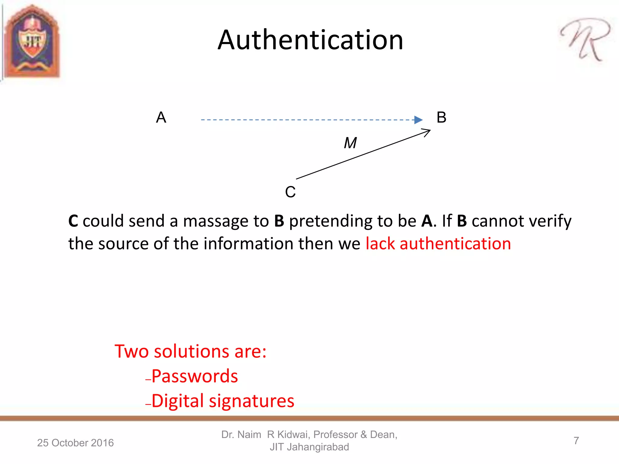 Authentication
25 October 2016
Dr. Naim R Kidwai, Professor & Dean,
JIT Jahangirabad
7
Two solutions are:
–Passwords
–Digital signatures
A B
C
M
C could send a massage to B pretending to be A. If B cannot verify
the source of the information then we lack authentication
 