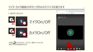マイク・カメラ機能のボタンで好みのデバイスを選びます
▪ 各ボタンをクリック
15
マイクOn/Off
カメラOn/Off
右端の をクリックすると、それぞれ、複数マイク/カメラを
選択できる設定画面が出ます。
On
Off
Off
On
 