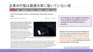 企業の行動は最適水準に届いていない虞
T.JITSUZUMI@情報法制研究所設立記念シンポジウム(Tokyo,May 14, 2016) 9
Research from the Economist Intelligence
Unit also backs up these comments as its
own survey said only 5% of UK corporate
leaders consider cyber security a priority
for their business, contradicting comments
made by execs in the press.
the findings do also suggest investments
from enterprise organizations are not
meeting the demanding trends of
security, …
Source：http://www.businesscloudnews.com/2016/05/12/24-
of-businesses-expect-a-cyberattack-within-the-next-90-days/
 