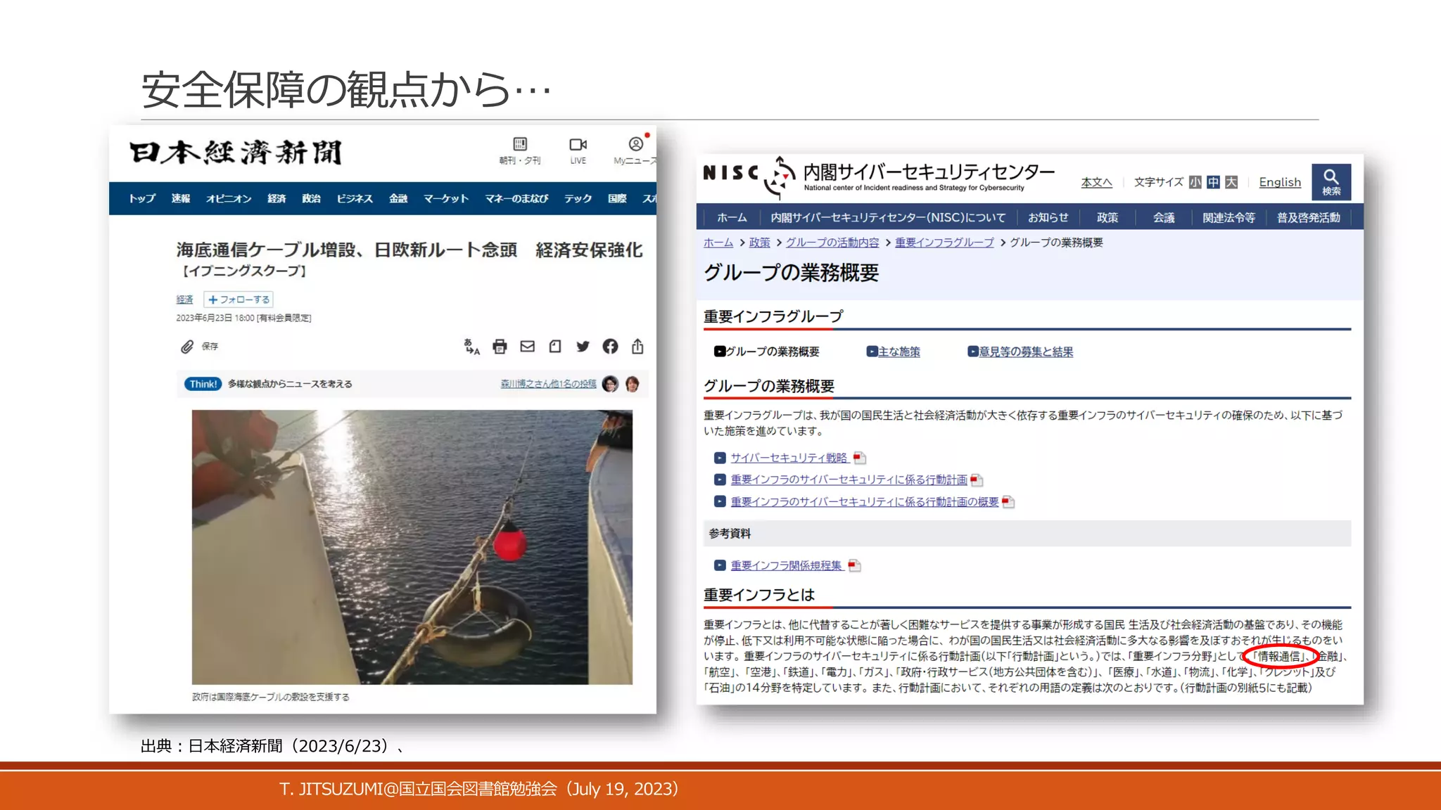 安全保障の観点から…
T. JITSUZUMI@ July 19, 2023
国立国会図書館勉強会（ ）
出典：日本経済新聞（2023/6/23）、
 