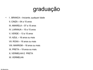 graduação I . BRANCA – Iniciante, qualquer idade II. CINZA – 04 a 15 anos III. AMARELA – 07 a 15 anos IV. LARANJA – 10 a 15 anos V. VERDE – 13 a 15 anos VI. AZUL – 16 anos ou mais VII. ROXA – 16 anos ou mais VIII. MARROM – 18 anos ou mais IX. PRETA – 19 anos ou mais X. VERMELHA E PRETA XI. VERMELHA By:Maykinho
