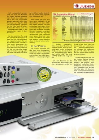 Gut ausgestattet präsen-         zu erreichen, sauber beschrif-
tiert sich auch die Rückseite       tet und weisen einen angeneh-      TELE-satellite World                           www.TELE-satellite.com/...
                                                                       Download this report in other languages from the Internet:
des neuen Jiuzhou Receivers,        men Druckpunkt auf.
man ﬁndet dort neben dem                                               Arabic          ‫ﺍﻟﻌﺮﺑﻴﺔ‬       www.TELE-satellite.com/TELE-satellite-0901/ara/jiuzhou.pdf
                                                                       Indonesian      Indonesia     www.TELE-satellite.com/TELE-satellite-0901/bid/jiuzhou.pdf
Sat-ZF Ein- und Durchschleif-         Keine Blöße gab man sich         Bulgarian       Български     www.TELE-satellite.com/TELE-satellite-0901/bul/jiuzhou.pdf
                                                                       Czech           Česky         www.TELE-satellite.com/TELE-satellite-0901/ces/jiuzhou.pdf
ausgang auch noch einen HDMI        auch beim Handbuch, es ist         German          Deutsch       www.TELE-satellite.com/TELE-satellite-0901/deu/jiuzhou.pdf
Anschluss zur digitalen Bild-       übersichtlich, an den richti-      English         English       www.TELE-satellite.com/TELE-satellite-0901/eng/jiuzhou.pdf
                                                                       Spanish         Español       www.TELE-satellite.com/TELE-satellite-0901/esp/jiuzhou.pdf
und Tonübertragung, 3 Buchsen       gen Stellen bebildert und gibt     Farsi           ‫ﻓﺎﺭﺳﻲ‬         www.TELE-satellite.com/TELE-satellite-0901/far/jiuzhou.pdf
für YUV Video sowie 3 weitere       Antwort auf alle Fragen, die im    French          Français      www.TELE-satellite.com/TELE-satellite-0901/fra/jiuzhou.pdf
                                                                       Greek           Ελληνικά      www.TELE-satellite.com/TELE-satellite-0901/hel/jiuzhou.pdf
Buchsen für Stereo Audio und        Zusammenhang mit der Bedie-        Croatian        Hrvatski      www.TELE-satellite.com/TELE-satellite-0901/hrv/jiuzhou.pdf
Composite Video sowie für den       nung des Receivers auftreten       Italian         Italiano      www.TELE-satellite.com/TELE-satellite-0901/ita/jiuzhou.pdf
                                                                       Hungarian       Magyar        www.TELE-satellite.com/TELE-satellite-0901/mag/jiuzhou.pdf
europäischen Markt 2 Scart          könnten. Insgesamt hinterlässt     Mandarin        中文            www.TELE-satellite.com/TELE-satellite-0901/man/jiuzhou.pdf
Anschlüsse.                         der neue Jiuzhou also in puncto    Dutch           Nederlands    www.TELE-satellite.com/TELE-satellite-0901/ned/jiuzhou.pdf
                                                                       Polish          Polski        www.TELE-satellite.com/TELE-satellite-0901/pol/jiuzhou.pdf
                                    Verarbeitung und Hardware          Portuguese      Português     www.TELE-satellite.com/TELE-satellite-0901/por/jiuzhou.pdf
  Für den optimalen Ton sorgt       einen guten Eindruck, auch         Romanian        Românesc      www.TELE-satellite.com/TELE-satellite-0901/rom/jiuzhou.pdf
                                                                       Russian         Русский       www.TELE-satellite.com/TELE-satellite-0901/rus/jiuzhou.pdf
ein optischer Audio Digitalaus-     wenn das Gehäuse dem einen         Swedish         Svenska       www.TELE-satellite.com/TELE-satellite-0901/sve/jiuzhou.pdf
gang und zum Anschluss exter-       oder anderen Kunden vielleicht     Turkish         Türkçe        www.TELE-satellite.com/TELE-satellite-0901/tur/jiuzhou.pdf

ner Speichermedien für die          etwas zu konservativ erschei-                          Available online starting from 28 November 2008
PVR Funktion steht ein USB 2.0      nen mag.
Port bereit. Abgerundet wird                                          TV     Sendern     ausgeliefert.        Druck auf die Menü Taste, die
das perfekte Gesamtbild durch
einen mechanischen Netzschal-
                                      In der Praxis                   Dabei muss besonders lobend
                                                                      erwähnt werden, dass der Her-
                                                                                                              übersichtlich und wohl sortiert
                                                                                                              alle    Einstellungsmöglichkei-
                                      Der Jiuzhou DTS6600 ver-
ter. Die vom Hersteller beige-                                        steller auch bereits verfügbare         ten offenbart. Das Hauptmenü
                                    fügt über einen Installations-
legte Fernbedienung liegt gut in                                      HD Sender aus dem deutschen             gliedert sich in fünf Obergrup-
                                    assistenten, unser Testmodell
der Hand, ihre Tasten sind leicht                                     und englischsprachigen Raum             pen mit jeweils einer Vielzahl
                                    wurde mit einer vorprogram-
                                                                      über ASTRA 19.2° Ost und                an Unterpunkten.
                                    mierten Liste von 122 haupt-
                                                                      ASTRA2 28.2° Ost integriert
                                    sächlich    deutschsprachigen
                                                                      hat.                                      Richtig international gibt sich
                                                                                                              der neueste Jiuzhou Receiver
                                                                        Um den Receiver an die                noch nicht wirklich, es wird
                                                                      persönlichen Bedürfnisse des            lediglich die Anzeige eines
                                                                      Users anzupassen genügt ein             deutschen, englischen, nieder-
                                                                                                              ländischen und französischen
                                                                                                              OSD angeboten. Hier wird der
                                                                                                              Hersteller aber mit Sicherheit
                                                                                                              noch nachbessern und im Zuge
                                                                                                              der nächsten Softwareupdates


                                                        0.55




                                                                           www.TELE-satellite.com — 12-01/2009 — TELE-satellite & Broadband                31
 
