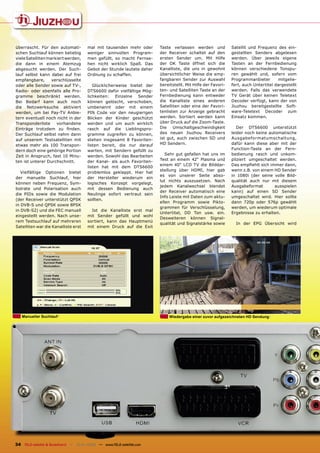 überrascht. Für den automati-         mal mit tausenden mehr oder      Taste verlassen werden und            Satellit und Frequenz des ein-
schen Suchlauf können beliebig        weniger sinnvollen Program-      der Receiver schaltet auf den         gestellten Senders abgelesen
viele Satelliten markiert werden,     men gefüllt, so macht Fernse-    ersten Sender um. Mit Hilfe           werden. Über jeweils eigene
die dann in einem Atemzug             hen nicht wirklich Spaß. Das     der OK Taste öffnet sich die          Tasten an der Fernbedienung
abgesucht werden. Der Such-           Gebot der Stunde lautete daher   Kanalliste, die uns in gewohnt        können verschiedene Tonspu-
lauf selbst kann dabei auf frei       Ordnung zu schaffen.             übersichtlicher Weise die emp-        ren gewählt und, sofern vom
empfangbare,       verschlüsselte                                      fangbaren Sender zur Auswahl          Programmanbieter       mitgelie-
oder alle Sender sowie auf TV-,          Glücklicherweise bietet der   bereitstellt. Mit Hilfe der Favori-   fert, auch Untertitel dargestellt
Radio- oder ebenfalls alle Pro-       DTS6600 dafür vielfältige Mög-   ten- und Satelliten Taste an der      werden. Falls das verwendete
gramme beschränkt werden.             lichkeiten: Einzelne Sender      Fernbedienung kann entweder           TV Gerät über keinen Teletext
Bei Bedarf kann auch noch             können gelöscht, verschoben,     die Kanalliste eines anderen          Decoder verfügt, kann der von
die Netzwerksuche aktiviert           umbenannt oder mit einem         Satelliten oder eine der Favori-      Jiuzhou bereitgestellte Soft-
werden, um bei Pay-TV Anbie-          PIN Code vor den neugierigen     tenlisten zur Anzeige gebracht        ware-Teletext Decoder zum
tern eventuell noch nicht in der      Blicken der Kinder geschützt     werden. Sortiert werden kann          Einsatz kommen.
Transponderliste     vorhandene       werden und um auch wirklich      über Druck auf die Zoom-Taste.
Einträge trotzdem zu ﬁnden.           rasch auf die Lieblingspro-      Die    Umschaltgeschwindigkeit           Der DTS6600 unterstützt
Der Suchlauf selbst nahm dann         gramme zugreifen zu können,      des neuen Jiuzhou Receivers           leider noch keine automatische
auf unserem Testsatelliten mit        stehen insgesamt 8 Favoriten-    ist gut, auch zwischen SD und         Ausgabeformatumschaltung,
etwas mehr als 100 Transpon-          listen bereit, die nur darauf    HD Sendern.                           dafür kann diese aber mit der
dern doch eine gehörige Portion       warten, mit Sendern gefüllt zu                                         Function-Taste an der Fern-
Zeit in Anspruch, fast 10 Minu-       werden. Sowohl das Bearbeiten       Sehr gut gefallen hat uns im       bedienung rasch und unkom-
                                                                       Test an einem 42“ Plasma und          pliziert umgeschaltet werden.
ten ist unterer Durchschnitt.         der Kanal- als auch Favoriten-
                                                                       einem 40“ LCD TV die Bilddar-         Das empﬁehlt sich immer dann,
                                      listen hat mit dem DTS6600
                                                                       stellung über HDMI, hier gab          wenn z.B. von einem HD Sender
   Vielfältige Optionen bietet        problemlos geklappt. Hier hat
                                                                       es von unserer Seite abso-            in 1080i (der seine volle Bild-
der manuelle Suchlauf, hier           der Hersteller wiederum ein
                                                                       lut nichts auszusetzen. Nach          qualität auch nur mit diesem
können neben Frequenz, Sym-           logisches Konzept vorgelegt,
                                                                       jedem Kanalwechsel blendet            Ausgabeformat        ausspielen
bolrate und Polarisation auch         mit dessen Bedienung auch
                                                                       der Receiver automatisch eine         kann) auf einen SD Sender
die PIDs sowie die Modulation         Neulinge sofort vertraut sein
                                                                       Info Leiste mit Daten zum aktu-       umgeschaltet wird. Hier sollte
(der Receiver unterstützt QPSK        sollten.
                                                                       ellen Programm sowie Pikto-           dann 720p oder 576p gewählt
in DVB-S und QPSK sowie 8PSK
                                                                       grammen für Verschlüsselung,          werden, um wiederum optimale
in DVB-S2) und die FEC manuell          Ist die Kanalliste erst mal
                                                                       Untertitel, DD Ton usw. ein.          Ergebnisse zu erhalten.
eingestellt werden. Nach unse-        mit Sender gefüllt und wohl
                                                                       Desweiteren können Signal-
rem Testsuchlauf auf mehreren         sortiert, kann das Hauptmenü
                                                                       qualität und Signalstärke sowie         In der EPG Übersicht wird
Satelliten war die Kanalliste erst    mit einem Druck auf die Exit




   Manueller Suchlauf                                                       Wiedergabe einer zuvor aufgezeichneten HD Sendung




34 TELE-satellite & Broadband — 12-01/2009 — www.TELE-satellite.com
 