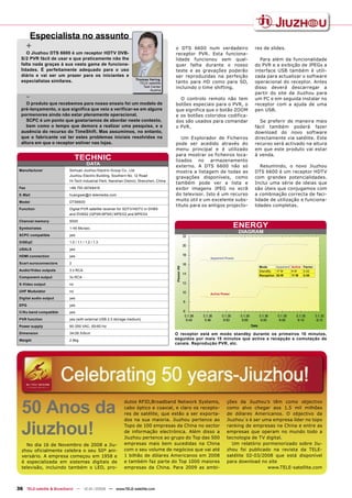 Especialista no assunto
       +                                                                              o DTS 6600 num verdadeiro            res de slides.
     O Jiuzhou DTS 6600 é um receptor HDTV DVB-                                       receptor PVR. Esta funciona-
  S/2 PVR fácil de usar e que praticamente não lhe                                    lidade funcionou sem qual-             Para além da funcionalidade
  falta nada graças à sua vasta gama de funciona-                                     quer falha durante o nosso           do PVR e a exibição de JPEGs a
  lidades. É perfeitamente adequado para o uso                                        teste e as gravações poderão         interface USB também é utili-
  diário e vai ser um prazer para os iniciantes e                                     ser reproduzidas na perfeição        zada para actualizar o software
                                                                Thomas Haring
  especialistas similares.                                        TELE-satellite      tanto para HD como para SD,          operacional do receptor. Antes
                                                                    Test Center       incluindo o time shifting.           disso deverá descarregar a
                                                                        Austria
                                                                                                                           partir do site da Jiuzhou para
       -                                                                                O controlo remoto não tem          um PC e em seguida instalar no
     O produto que recebemos para nosso ensaio foi um modelo de                       botões especiais para o PVR, o       receptor com a ajuda de uma
  pré-lançamento, o que significa que veio a verificar-se em alguns                   que significa que o botão ZOOM       pen USB.
  pormenores ainda não estar plenamente operacional.                                  e os botões coloridos codifica-
     SCPC é um ponto que gostaríamos de abordar neste contexto,                       dos são usados para comandar           Se preferir de maneira mais
     bem como o tempo que demora a realizar uma pesquisa, e a                         o PVR.                               fácil também poderá fazer
  ausência do recurso do TimeShift. Mas assumimos, no entanto,                                                             download do novo software
  que o fabricante vai ter estes problemas iniciais resolvidos na                        Um Explorador de Ficheiros        directamente via satélite. Este
  altura em que o receptor estiver nas lojas.                                         pode ser acedido através do          recurso será activado na altura
                                                                                      menu principal e é utilizado         em que este produto vai estar
                                                                                      para mostrar os ficheiros loca-      à venda.
                              TECHNIC                                                 lizados no armazenamento
                                     DATA                                             externo. A DTS 6600 não só              Resumindo, o novo Jiuzhou
 Manufacturer            Sichuan Jiuzhou Electric Group Co., Ltd.                     mostra a listagem de todas as        DTS 6600 é um receptor HDTV
                         Jiuzhou Electric Building, Southern No. 12 Road
                                                                                      gravações disponíveis, como          com grandes potencialidades.
                         Hi-Tech Industrial Park, Nanshan District, Shenzhen, China
                                                                                      também pode ver a lista e            Inclui uma série de ideias que
 Fax                     +86 755 26748419                                             exibir imagens JPEG no ecrã          são úteis que conjugamos com
 E-Mail                  huangwei@d-telemedia.com                                     do televisor. Isto é um recurso      a combinação correcta de faci-
 Model                   DTS6600
                                                                                      muito útil e um excelente subs-      lidade de utilização e funciona-
                                                                                      tituto para os antigos projecto-     lidades completas.
 Function                Digital PVR satellite receiver for SDTV/HDTV in DVBS
                         and DVBS2 (QPSK/8PSK) MPEG2 and MPEG4
 Channel memory          5000
 Symbolrates             1-45 Ms/sec.
                                                                                                                    ENERGY
                                                                                                                      DIAGRAM
 SCPC compatible         yes
 DiSEqC                  1.0 / 1.1 / 1.2 / 1.3
 USALS                   yes

 HDMI connection         yes
                                                                                                     Apparent Power
 Scart euroconnectors    2
                                                                                                                             Mode      Apparent Active Factor
 Audio/Video outputs     3 x RCA                                                                                             StandBy   17 W     9W     0.52
                                                                                                                             Reception 20 W     11 W   0.55
 Component output        3x RCA
 S-Video output          no
 UHF Modulator           no
                                                                                                     Active Power
 Digital audio output    yes
 EPG                     yes
 C/Ku band compatible    yes
 PVR function            yes (with external USB 2.0 storage medium)
 Power supply            90-250 VAC, 50/60 Hz
 Dimension               34/26.5/6cm                                                  O receptor está em modo standby durante os primeiros 15 minutos,
 Weight                  2.8kg                                                        seguidos por mais 15 minutos que activa a recepção e comutação de
                                                                                      canais. Reprodução PVR, etc.




  50 Anos da
                                                          dutos RFID,Broadband Network Systems,                ções da Jiuzhou’s têm como objectivo
                                                          cabo óptico e coaxial, e claro os recepto-           como alvo chegar aos 1.5 mil milhões
                                                          res de satélite, que estão a ser exporta-            de dólares Americanos. O objectivo da



  Jiuzhou!
                                                          dos na sua maioria. Jiuzhou pertence ao              Jiuzhou´s é ser uma empresa líder no topo
                                                          Topo de 100 empresas da China no sector              ranking de empresas na China e entre as
                                                          de informação electrónica. Além disso a              empresas que operam no mundo todo a
                                                          Jiuzhou pertence ao grupo do Top das 500             tecnologia de TV digital.
    No dia 16 de Novembro de 2008 a Jiu-                  empresas mais bem sucedidas na China                    Um relatório pormenorizado sobre Jiu-
  zhou oficialmente celebra o seu 50º ani-                com o seu volume de negócios que vai até             zhou foi publicado na revista da TELE-
  versário. A empresa começou em 1958 e                   1 bilhão de dólares Americanos em 2008               satélite 02-03/2008 que está disponível
  é especializada em sistemas digitais de                 e também faz parte do Top 1000 maiores               para download no site
  televisão, incluindo também o LED, pro-                 empresas da China. Para 2009 as ambi-                                  www.TELE-satellite.com



36 TELE-satellite & Broadband — 12-01/2009 — www.TELE-satellite.com
 