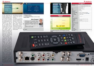 16                                                                             17                                                                               18
                                                                                                                                                                                                                                                                TECHNICAL
                                                                                                                                                                                                                                                                           DATA
                                                                                                                                                                                                                                     Manufacturer                Jiuzhou (Sichuan Jiuzhou Electric Group Co., Ltd.)
                                                                                                                                                                                                                                                                 - 7F, Jiuzhou Electric Building, Southern No. 12 Road,
                                                                                                                                                                                                                                                                 Hi-Tech Industrial Park, Nanshan District, Shenzhen,
                                                                                                                                                                                                                                                                 Guangdong 518057, China
                                                                                                                                                                                                                                     Tel.                        +86-755-2694 7128
                                                                                                                                                                                                                                     Email                       sales8@d-telemedia.com
                                                                                                                                                                                                                                     Model                       DTS6696
                                                                                                                                                                                                                                     Input frequency             950-2150 MHz
                                                                                                                                                                                                                                          /
                                                                                                                                                                                                                                     Input frequency             54-88 MHz, 174-216 MHz, 470-806 MHz
                                                                                                                                                                                                                                     Symbol rates                2-45 Ms/s (DVB-S) & 2-30 Ms/s (       /      )
                                                                                                                                                                                                                                     SCPC compatible             yes (tested >2 Ms/s)
nu d’un périphérique de                 via le réseau par connexion               16. Balayage de l'ISDB-T                                                                                                                           USALS                       yes
stockage externe, de plus               FTP ainsi que le contrôle du              17. 12. Paramètres du réseau                                                                               ENERGY                                  DiSEqC                      1.0, 1.1, 1.2, 1.3
                                                                                  18. La liste des chaînes contient à la fois les chaines                                                    DIAGRAM
cela peut également affi-               récepteur d’un autre em-                                                                                                                                                                     EPG                         yes
                                                                                  satellites et ISDB-T
cher des photos JPEG, ainsi             placement.                                                                                                                                                                                   C/KU band compatible        yes
que la lecture des fichiers               En somme, le récepteur
MP3. En outre, le dispositif            de Jiuzhou DTS6696 nous a                                            Avis d'expert                                                                                                           HDTV support
                                                                                                                                                                                                                                     Input terminal
                                                                                                                                                                                                                                                                 yes (up to 1080i in MPEG-4 AVC/ H.264)
                                                                                                                                                                                                                                                                 F-type 75 Ohm
                                                                                                                                                                                                          Apparent Power
de stockage externe peut                trés bien impréssionné po-                    Convient pour un salon et possède toutes les                                                                                                   Modulations                 QPSK, 8PSK, DQPSK, 16 QAM, 64 QAM
être utilisé également pour             sitivement. C’est un récep-                   fonctionnalités d‘un combo PVR et récepteur                                                                                                    HDMI                        yes
sauvegarder la liste des                teur combo entièrement                        pour DVB-S/S2 et ISDB-T. Il est léger et com-
                                                                                                                                                                                                          Active Power               YUV, CVBS, Stereo Audio     yes
canaux ou pour téléchar-                équipé, qui peut gérer les
ger les nouvelles mises à               deux     signaux   satellites           +     pact grâce à son alimentation externe ce qui le
                                                                                      rend également un récepteur idéal pour cam-
                                                                                                                                                                                                                                     S-Video                     yes
                                                                                                                                                                                                                                     RF-Modulator                yes
jour du firmware pour le                DVBS/S2 ainsi que les si-                     ping.                                                Juan Carlos Duarte
                                                                                                                                               TELE-satellite                      Mode        Apparent Active Factor
                                                                                                                                                                                                                                     Ethernet                    yes
récepteur. Nous avons été               gnaux terrestres ISDB-T. Il                    Le logiciel est stable et sophistiqué et il vante         Test Center                       Active      21 W     12 W 0.57
                                                                                                                                                       Chile                       StandBy     17 W     10 W 0.58
                                                                                                                                                                                                                                     USB 2.0                     yes
très satisfaits de la qualité           a fonctionné parfaitement                     également un tuner sensible.
vidéo et audio de ce nou-               lors de nos tests et il est                                                                                                                                                                  RS232                       yes

veau récepteur Jiuzhou ;                boosté par un PVR plein de                                                                                                                                                                   PVR Function                yes

Ses couleurs réelles et                 fonctionnalités.                        –     Aucune                                                                                                                                         Power cosumption            According to manufacturer: Running: <20W, StandBy: <2W

pleines de contrastes sont                                                                                                                                      Les premières quinze minutes : fonctionnement en cours avec          Power supply                12V, 2.5A
                                                                                                                                                                enregistrement, zapping de chaine etc.. Deuxième quart d’heure en
évidentes non pas unique-                                                                                                                                       standby.
ment sur les chaînes HD,
mais avec les chaînes SD
également. Toute sorte de
sortie audio possible était
également disponible.
   Notre impression géné-
rale positive a été encore
accentuée par la possibilité
d’afficher des sous-titres
ainsi que les signaux du
télétexte. Le fait que ce
récepteur peut fonction-
ner avec une variété de
sources audio est exacte-
ment ce que l’on peut s’at-
tendre d’un produit de qua-
lité fournit par un fabricant
bien connu. Parallèlement,
nous n’avons rencontré au-
cun plantage du système
ou autres problèmes liés
aux logiciels lors de nos
tests. Les enregistrements
stockés sur un périphé-
rique de stockage externe
peuvent être transférés à
un PC où ils peuvent, par
exemple, être convertis et
ensuite gravés sur un DVD.
Le récepteur DTS6696 a
également un port RJ45
d’interface réseau qui peut
être utilisé pour placer les
enregistrements sur un PC



44 TELE-satellite — Global Digital TV Magazine — 08-09/201 — www.TELE-satellite.com
                                                         1                                                                                                                                                                     www.TELE-satellite.com — 08-09/201 — TELE-satellite — Global Digital TV Magazine
                                                                                                                                                                                                                                                                1                                                     45
 