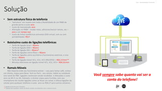• Sem estrutura física de telefonia
• “estrutura” em nuvem com toda a flexibilidade de um PABX de
grande porte a custo zero
• Custo de manutenção zero
• Alteração no PABX – mudar rotas, adicionar/excluir ramais, etc –
zero e em tempo real
• Custo de linhas telefônicas entrantes (DID virtual, com ou sem
portabilidade): R$17
• Baixíssimo custo de ligações telefônicas
• Tarifa de ligação local = R$zero
• Tarifa de ligação DDD = R$zero
• Tarifa de ligação DDI = R$zero*
• Tarifa de ligações entre filiais = R$zero
• Tarifa de ligações entre escritório e funcionários externos, e vice
versa = R$zero
• Tarifa de ligação móvel VC1, VC2, VC3 (PACOTES) = R$0,17/min**
• Minutos Adicionais de ligação móvel VC1, VC2, VC3 = R$0,22/min
• Ramais Móveis
Não importa onde seu funcionário estiver – saiu para tomar café, visitou
um cliente, viajou para Nova York ou Paris ‐ seu celular, tablet ou notebook
vira ramal do PBX. Ligações continuam sendo recebidas e efetuadas a custo
zero via Wi‐Fi ou 3G. Exemplo: o diretor viajou para Curitiba, com seu
smartphone ele recebe ligações como se fosse um ramal, e efetua ligações do
celular para qualquer telefone a custo zero ou R$0,17 para outros celulares.
Jive – Apresentação Comercial
* Ligações gratuitas para 24 países
** Ligação para qualquer celular do Brasil, binado corretamente com o número tronco
Você sempre sabe quanto vai ser a
conta do telefone!
Solução
 