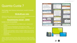 • Toda a funcionalidade de nosso PABX virtual – mais de 120
funções
• Ramal móvel no PC/Notebook, Smartphone e Tablet
• Ligações gratuitas ilimitadas para qualquer fixo no Brasil + 24
países*
• Ligações para qualquer celular no Brasil a R$0,17 por minuto
• Ligações gratuitas entre ramais e filiais, independente de sua
localização
• Suporte 24 x 7
Quanto Custa ?
*Países: Argentina, Áustria, Canadá, Chipre, Dinamarca, França, Alemanha,
Hungria, Irlanda, Israel, Itália, Cazaquistão, Coreia (do Sul), México, Holanda,
Peru, Portugal, Roménia, Singapura, Eslováquia, Espanha, Suécia, EUA e Reino
Unido.
Jive – Apresentação Comercial
Você paga uma licença mensal por usuário (ramal),
a partir de:
R$18,00 por mês
(R$18 por mês por ramal receptivo, consulte-nos para outros tipos de ramal e
seus valores – analisaremos gratuitamente seu perfil)
Incluído no valor da mensalidade :
Investimento Inicial - ZERO
 