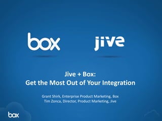 1
Jive + Box:
Get the Most Out of Your Integration
Grant Shirk, Enterprise Product Marketing, Box
Tim Zonca, Director, Product Marketing, Jive
 