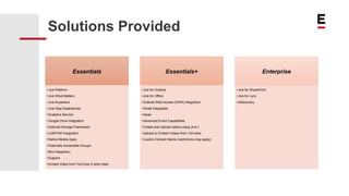Solutions Provided
Essentials
• Jive Platform
• Jive What Matters
• Jive Anywhere
• Jive !App Experiences
• Analytics Service
• Google Drive Integration
• External Storage Framework
• LDAP/AD Integration
• Native Mobile Apps
• Externally Accessible Groups
• Box Integration
• Support
• Embed Video from YouTube 5 other sites
Essentials+
• Jive for Outlook
• Jive for Office
• Outlook Web Access (OWA) Integration
• Gmail Integration
• Ideas
• Advanced Event Capabilities
• Create and Upload videos using Jive n
• Upload or Embed Videos from 120 sites
• Custom Domain Name (restrictions may apply)
Enterprise
• Jive for SharePoint
• Jive for Lync
• eDiscovery
 