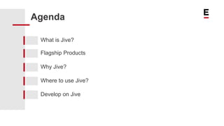 Agenda
What is Jive?
Flagship Products
Why Jive?
Where to use Jive?
Develop on Jive
 