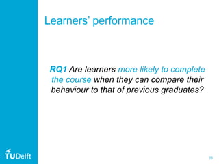 23
Learners’ performance
RQ1 Are learners more likely to complete
the course when they can compare their
behaviour to that of previous graduates?
 
