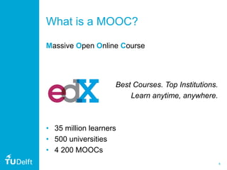 4
What is a MOOC?
Massive Open Online Course
Best Courses. Top Institutions.
Learn anytime, anywhere.
• 35 million learners
• 500 universities
• 4 200 MOOCs
 