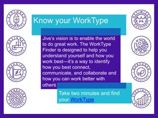 Know your WorkType 
Jive’s vision is to enable the world 
to do great work. The WorkType 
Finder is designed to help you 
understand yourself and how you 
work best—it’s a way to identify 
how you best connect, 
communicate, and collaborate and 
how you can work better with 
others 
Take two minutes and find 
your WorkType 
 