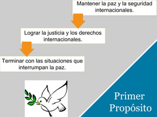 Mantener la paz y la seguridad 
internacionales. 
Lograr la justicia y los derechos 
internacionales. 
Terminar con las situaciones que 
interrumpan la paz. 
Primer 
Propósito 
 