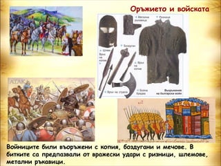 Оръжието и войската




Войниците били въоръжени с копия, боздугани и мечове. В
битките са предпазвали от вражески удари с ризници, шлемове,
метални ръкавици.
 