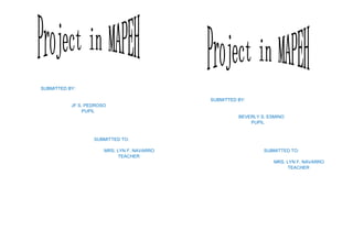 SUBMITTED BY:
JF S. PEDROSO
PUPIL
SUBMITTED TO:
MRS. LYN F. NAVARRO
TEACHER
SUBMITTED BY:
BEVERLY S. ESMINO
PUPIL
SUBMITTED TO:
MRS. LYN F. NAVARRO
TEACHER
 