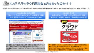 Copyright © 2019 Yakocloud, All Right Reserved.
なぜ「八子クラウド座談会」が始まったのか？？
自分のマーケットでのオピニオン形成のために始めたWeb連載が書籍出版に繋がり、それが座談会を行う流れに進展していきました。
2009年6月より13ヶ月間
ITProにて 「八子・モバイルクラウド研究所」連載
当時月間平均ページビュー8,000～15,000
2010年2月1日
中経出版より 「図解 クラウド早わかり」出版
（発売半年で4増刷13000部、現在8刷20000部超）
この連載を見た中経出版の担当編集者藤田氏（現在はダイヤモンド
社にご栄転）が持ち込んだ企画が「図解クラウド早わかり」
この連載がきっかけでフジテレビの「めざましテレビ」にも出させて頂
くことに。
本に書ききれなかったことをご紹介するという建て付けで初回実施。
集まったのは実に15名のみだったが、熱い議論が続いた。
まだまだクラウドのことがわからないという方々とよく知っていて使い
倒している人との差を埋めたいという思いから座談会を継続。
 