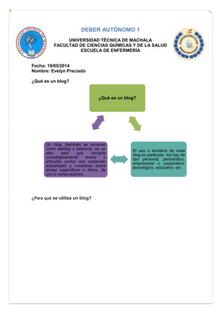 DEBER AUTÓNOMO 1
UNIVERSIDAD TÉCNICA DE MACHALA
FACULTAD DE CIENCIAS QUÍMICAS Y DE LA SALUD
ESCUELA DE ENFERMERÍA
Fecha: 19/05/2014
Nombre: Evelyn Preciado
¿Qué es un blog?
¿Para qué se utiliza un blog?
¿Qué es un blog?
El uso o temática de cada
blog es particular, los hay de
tipo personal, periodístico,
empresarial o corporativo,
tecnológico, educativo, etc..
Un blog, (también se conocen
como weblog o bitácora), es un
sitio web que recopila
cronológicamente textos o
artículos cortos con contenido
actualizado y novedoso sobre
temas específicos o libres, de
uno o varios autores.
 