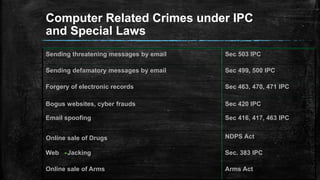 Computer Related Crimes under IPC
and Special Laws
Arms ActOnline sale of Arms
Sec. 383 IPCWeb -Jacking
NDPS ActOnline sale of Drugs
Sec 416, 417, 463 IPCEmail spoofing
Sec 420 IPCBogus websites, cyber frauds
Sec 463, 470, 471 IPCForgery of electronic records
Sec 499, 500 IPCSending defamatory messages by email
Sec 503 IPCSending threatening messages by email
 