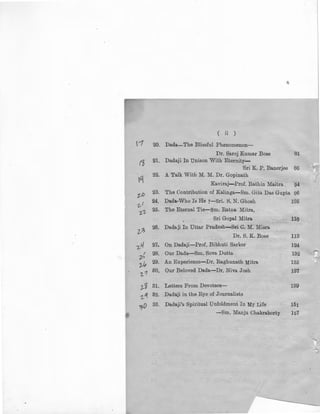 ( 11 )
l-1 20. Dada-The Blissful Phenomenon-
Dr. Saroj Kumar Bose 81
t1; 21. Dadaji In Unison With Eternity-
Sri K. P. Banerjee 86
~
22. A Talk With M. M. Dr. Gopinath
Kaviraj-Prof. Rathin Maitra _ 94
t,-0
23. The Contribution of Kalinga-Sm. Gita Das Gupta 96
z)
24. Dada-Who Is He ?-Sri. S, N. Ghosh 105
't1- 25. The Eternal Tie-Sm. Ratna Mitra,
Sri Gopal Mitra no
~
26. Dadaji In Uttar Pradesh-Sri C. M. Misra
Dr. S. K. Bose 113
7"'
27. On Dadaji-Pro£. Bibhuti Sarker 124!..'
r 28. Our Dada-Sm. Sova Dutta 132
2--"
An Experience-Dr. Raghunath Mitra
z,& 29. 135
1_1
80. Our Beloved Dada-Dr. Niva Josh 137
'] J 31. Letters From Devotees- 139/'
1..~ 32. Dadaji in the Eye of Journalists
-:;D 33. Dadaji's Spiritual Unfoldment In My Life 151
-Sm. Manju Chakraborty 157
 