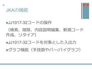 +
JKAの機能
JJ1017-32コードの操作
（検索、削除、内容説明編集、新規コード
作成、リタイア）
JJ1017-32コードを対象とした入出力
グラフ機能（手技数やバー/パイグラフ）
 