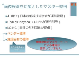 +
画像検査を対象としたマスター規格
JJ1017 ( 日本放射線技術学会が運営管理 )
RadLex Playbook ( RSNAが研究開発 )
LOINC ( 海外の営利団体が提供 )
ベンダー標準
施設固有の標準 現状は、
標準規格のマスターコード
による運用が
普及していません。
これらが普及し
ている。
 